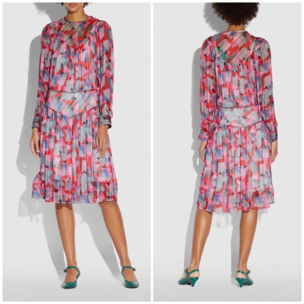 Coach Bold Geo Yoke Semi Sheer Midi Dress Metallic Pink NWT Size 00